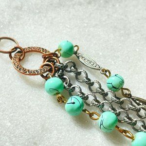 Unique Boho Turquoise Green/Black Bead Layered Necklace with Mixed Metal Chains